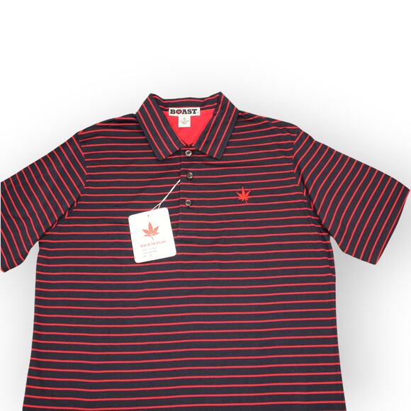 BOAST USA Men Medium Classic Jersey Striped Polo Shirt Navy Red Cotton Leaf Logo - Picture 14 of 14